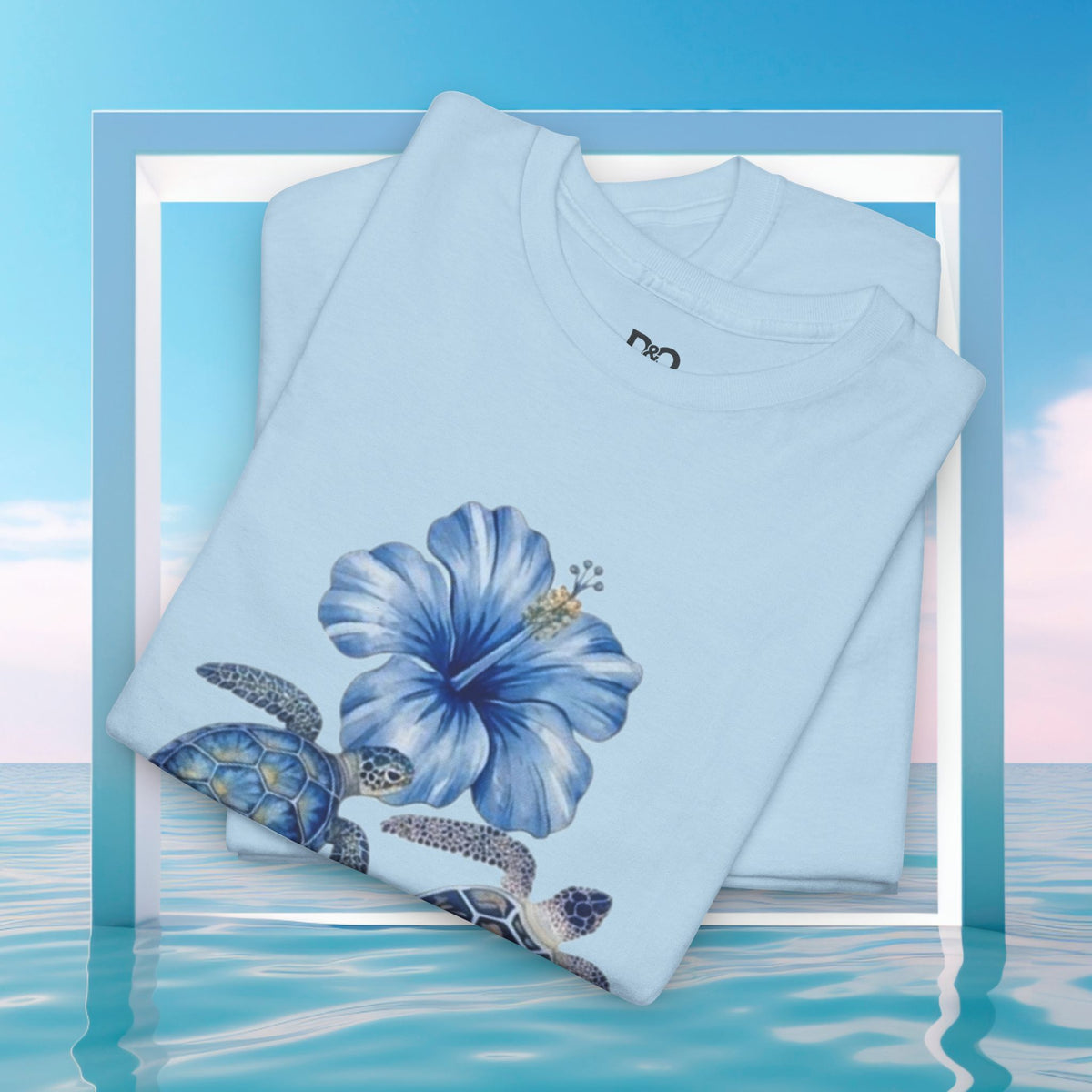 Sea Turtle Floral Tee — Blue Ocean Shells Graphic T-Shirt