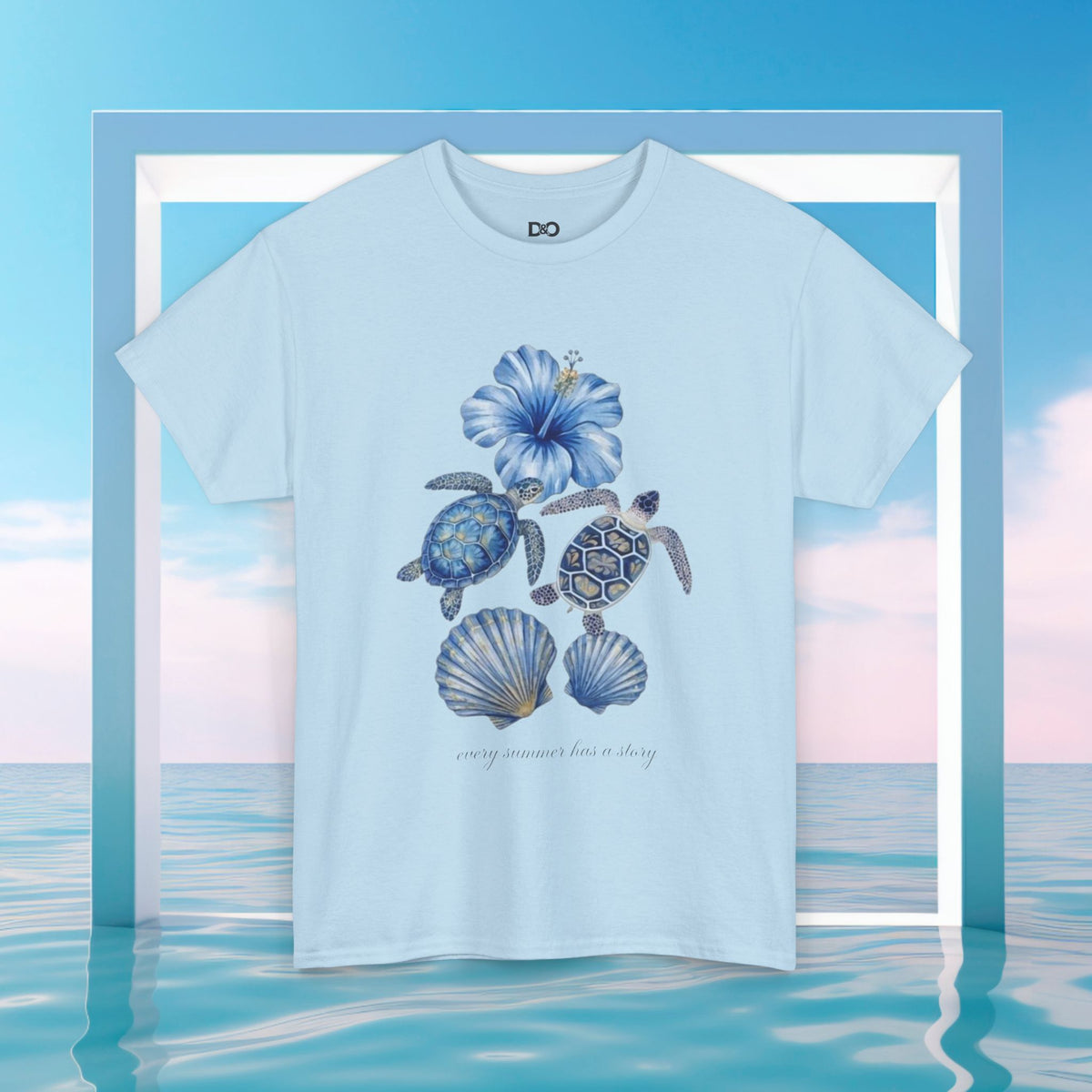 Sea Turtle Floral Tee — Blue Ocean Shells Graphic T-Shirt