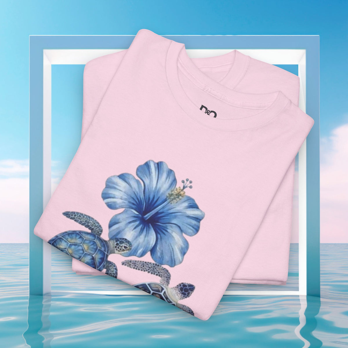 Sea Turtle Floral Tee — Blue Ocean Shells Graphic T-Shirt