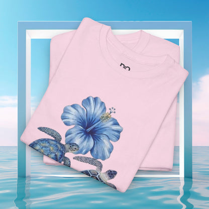 Sea Turtle Floral Tee — Blue Ocean Shells Graphic T-Shirt