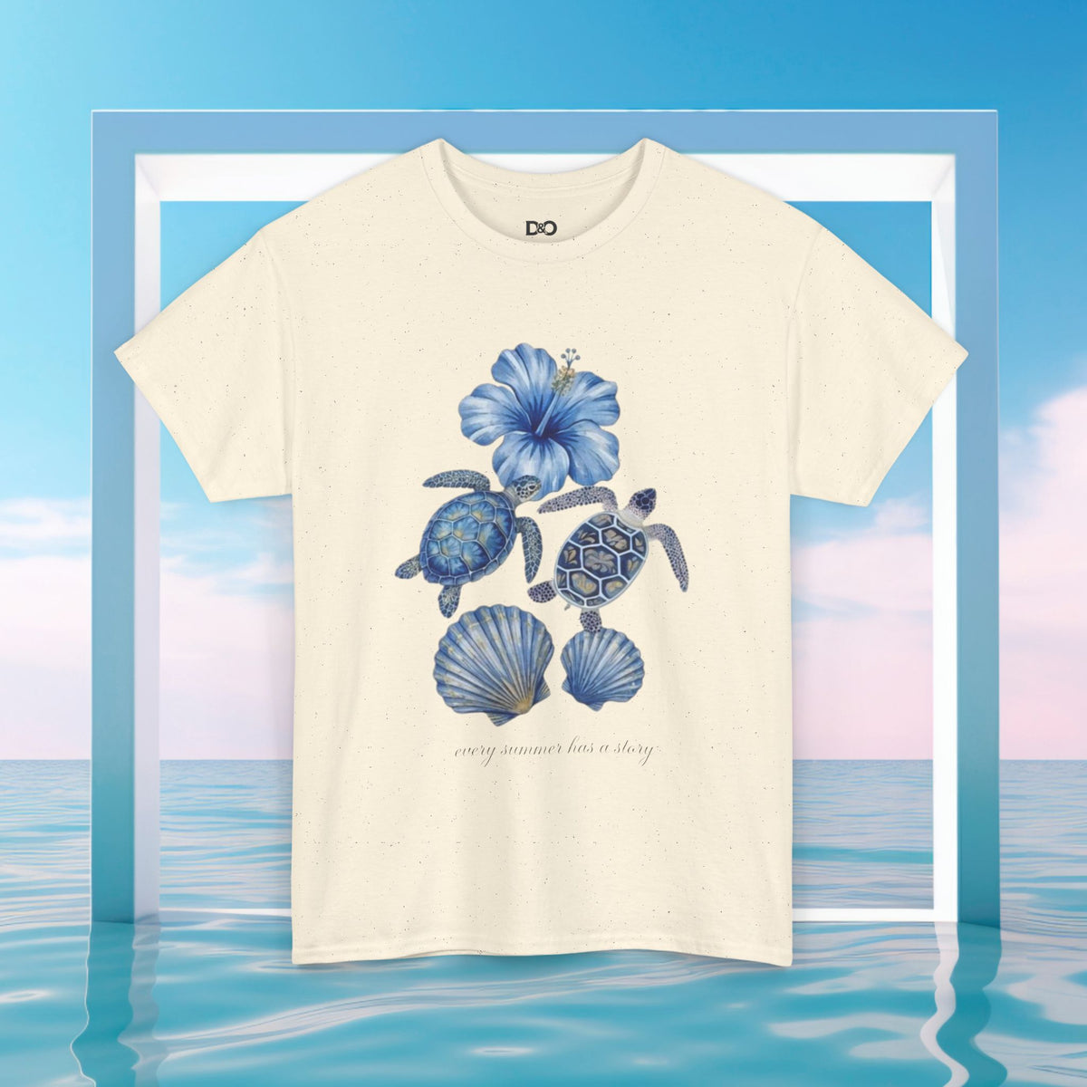 Sea Turtle Floral Tee — Blue Ocean Shells Graphic T-Shirt