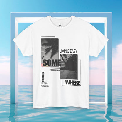 Summer Palm Graphic Tee — "Living Easy Somewhere" Cotton T‑Shirt