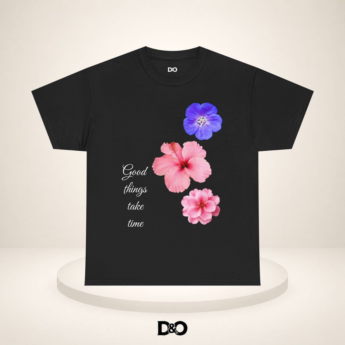 Tricou Floral Acuarelă — Tricou cu Hibiscus Roz și Mov „Lucrurile bune necesită timp”