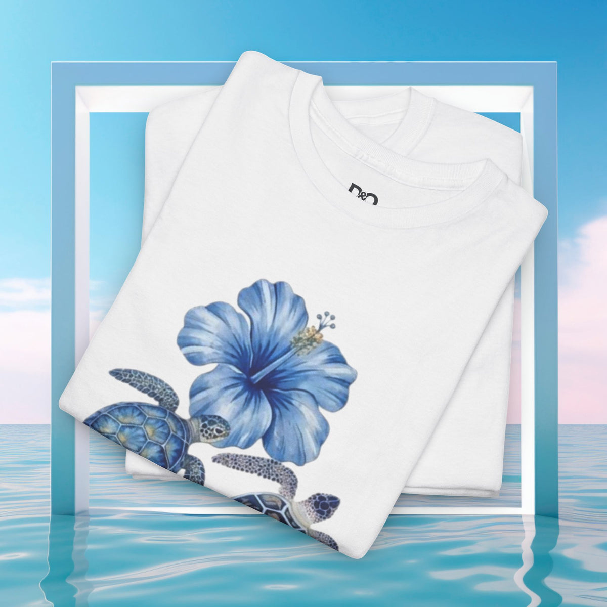 Sea Turtle Floral Tee — Blue Ocean Shells Graphic T-Shirt