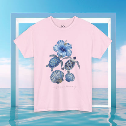 Sea Turtle Floral Tee — Blue Ocean Shells Graphic T-Shirt