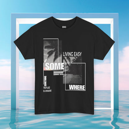 Summer Palm Graphic Tee — "Living Easy Somewhere" Cotton T‑Shirt